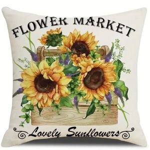 NEW SUNFLOWER FARMHOUSE "FLOWER MARKET" DECORATIVE LINEN PILLOW COVER 17.7"
